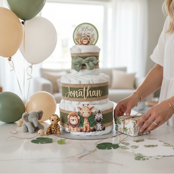 🦁 Personalized Safari Diaper Cake - 3 TierBaby Shower Centerpiece 🎁
